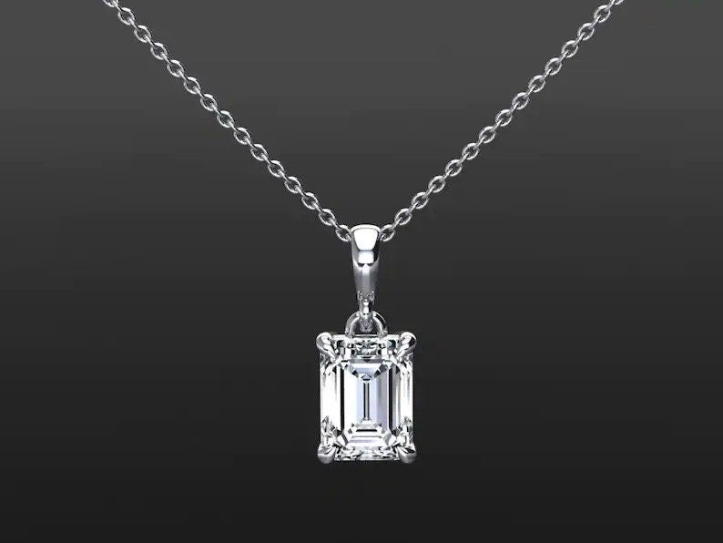 Moissanite Necklace, Emerald Cut 9x7mm Pendant, Moissanite Pendant, Anniversary Gift, Bridesmaid Gift, Silver Jewelry- ARIENE JEWELS